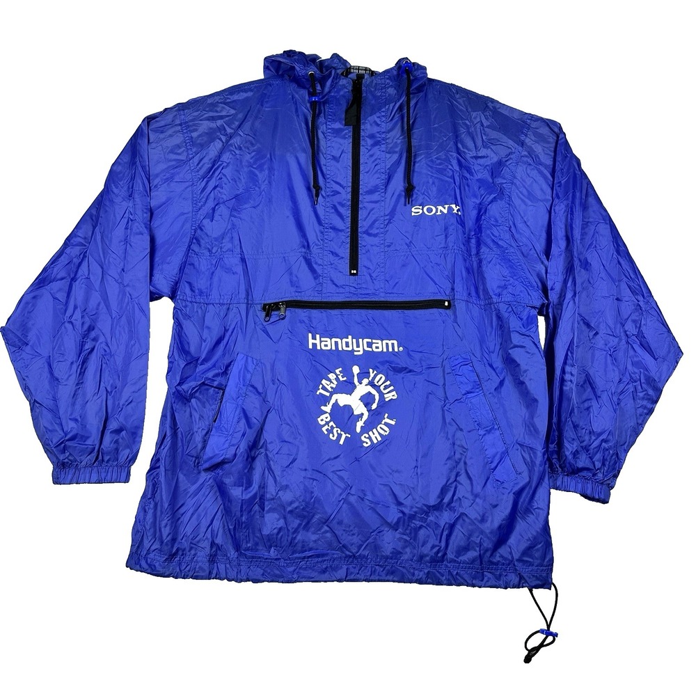 Mens Vintage 90s Sony Handycam Size Large Blue Hooded Anorak Windbreaker Jacket